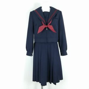 1円 セーラー服 ジャンパースカート スカーフ 上下3点セット トンボ 冬物 赤3本線 女子 学生服 中学 高校 紺 制服 中古 ランクC NA9175