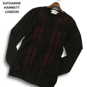 KATHARINE HAMNETT LONDON キャサリン ハムネット 秋冬 チェック柄★ クルーネック ウール ニット セーター Sz.L　メンズ 黒　A4T13308_C#K