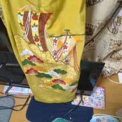 訪問着 船と雲の刺繍 黄色