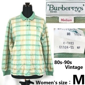 三陽商会/80s-90s/Vintage★BURBERRY’S★長袖ポロシャツ【レディースM/緑/グリーン/チェック柄】日本正規代理店タグ/tops/shirts◆pBG636