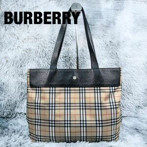 【美品】大容量　BURBERRY バーバリー ノバチェック ナイロン レザー　ビジネスバッグ　ハンドバッグ トートバッグ ベージュ系　総柄　黒