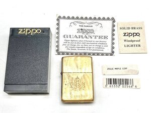 【え沖】Zippo ジッポー SOLID BRASS ソリッドブラス 25LE MAPLE LEAF メープルリーフ ゴールド 火花OK 現状品 喫煙具 沖525 MD491MSS58