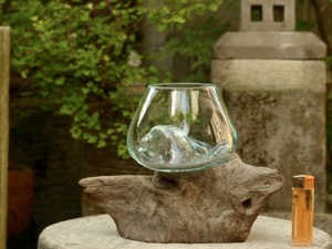 吹きガラスの花瓶+流木台座 18cm アクアリウム水槽 テラリウム ガラスオブジェ メダカ鉢　玄関飾り0623c