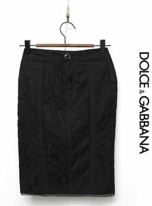 Z046/美品 D&G DOLCE&GABBANA ひざ丈ミニスカート タイト レース 総柄 XS~S 22/36 黒