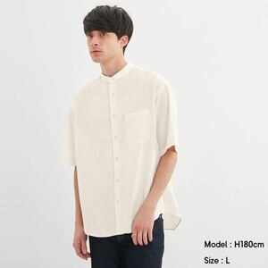 【新品】ジーユー GU リネン ブレンド スタンド カラー シャツ (5分袖) /men・Ｓ/00・white/2020-05//149/