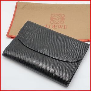 正規品 ロエベ LOEWE 三つ折り財布 Trifold wallet リザード型押し Lizard embossing 黒 BLACK 保存袋 Storage bag 美品 Authentic Mint