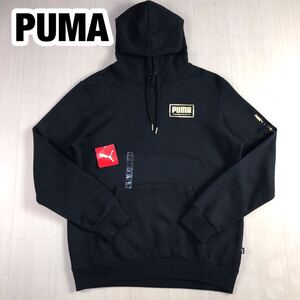 未使用保管品 PUMA プーマ パーカー M ブラック プリントロゴ ロゴタグ プルオーバー 裏起毛