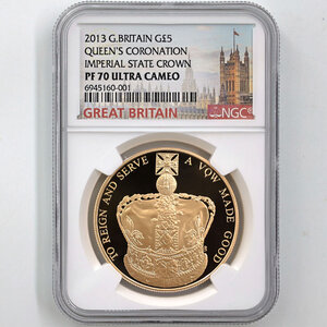 2013 英国 エリザベス2世 戴冠60周年記念 5ポンド 金貨 プルーフ NGC PF 70 UC 最高鑑定 完全未使用