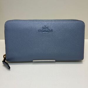 ☆良品☆ ◆COACH コーチ　89679　ラウンドジップ 長財布◆　クロスグレインレザー　小銭入れ有　ライトブルー系 【USED】1011B