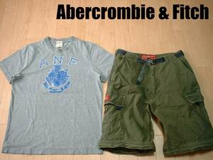 上下セット高級Abercrombie & Fitchビンテージ加工Tシャツ&ミリタリーカーゴショートパンツM正規アバクロンビー&フィッチハーフショーツ