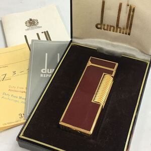 ★E12234/dunhill ダンヒル/ガスライター/ボルドー×ゴールド/箱付/不着火 す