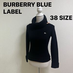 BURBERRY BLUE LABEL バーバリーブルーレーベル ニット セーター タートルネック トップス 長袖 38サイズ M ブラック 刺繍ロゴ　毛100%