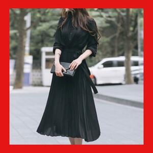 【新品】長袖ワンピース シフォンプリーツ 韓国 ブラック M　ドレス　春服