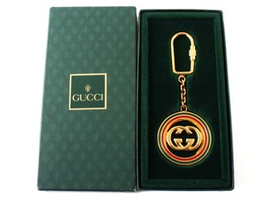 E17560 新品同様 極美品 GUCCI グッチ GG インターロッキング シェリーライン キーホルダー キーリング ゴールド×レッド×グリーン 箱付き