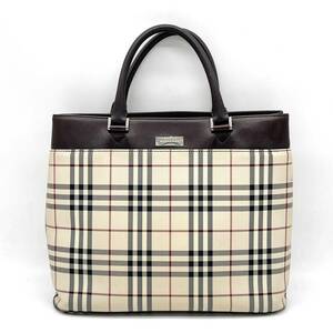 1円 美品 BURBERRY バーバリー ノバチェック トートバッグ ハンドバッグ キャンバス レザー ベージュ ブラウン