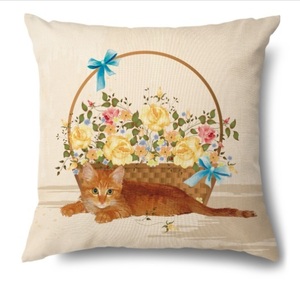 猫柄クッションカバー　花籠と猫　茶トラ　キャット　45×45cm インテリアに