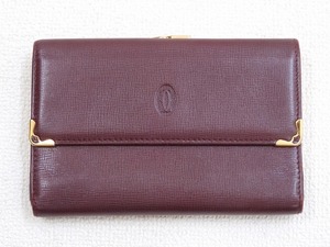 2405-0067●宝市/カルティエ/マストライン/がま口/3つ折り財布/ボルドー/Cartier(梱包サイズ60)