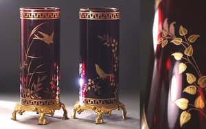 ∇花∇19世紀フランス【オールドバカラ/Baccarat】 1878年頃ジャポニズムスタイル 金赤ガラスに金彩花鳥文花器一対 ブロンズもオリジナル