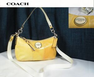 ★超部品！★COACH コーチ★エナメル イエロー ハンドバッグ /ショルダーバッグ チャームプレート＆シ■ョルダーストラップ付■本物■