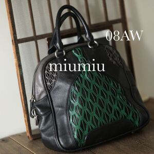 08aw miumiu 切り替 レザー ボウリング バッグ ハンドバッグ グリーン ミュウミュウ ユニセックス メンズ レディース トート アーカイブ