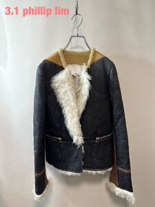 W0065★7 3.1 Phillip Lim フィリップリム ノーカラー レザー 本革 ムートン ボア ライダース ジャケット レディース 2size JPタグ