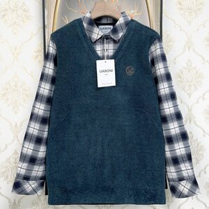 枚数限定★★逸品EU製＆定価5万◆UABONI*Paris*セーター*ユアボニ*パリ発◆豪華ミンク/カシミヤ混 重ね着風 金糸刺繍 チェック柄 紳士 M/46