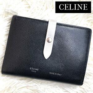 美品 人気品 / CELINE セリーヌ グレインカーフミディアムストラップウォレット 二つ折り財布 レザー ブラック オフホワイト