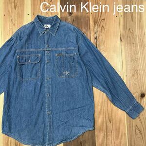 カナダ製 Calvin Klein jeans カルバンクラインジーンズ USA企画 CK 刺繍ロゴ デニムシャツ 玉mc2702