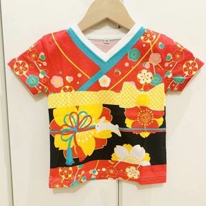 新品 SALE 90cm 定価1,980円 Tシャツ　なりきり　キッズ　綿100%　和風　子供　女の子 レッド