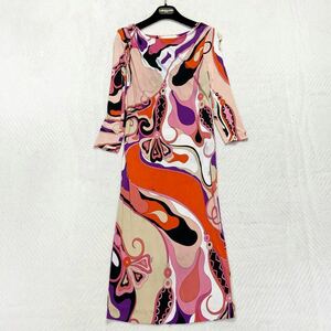 Emilio Pucci エミリオプッチ ロングワンピース マルチカラー 総柄 プッチ柄 38 長袖 伸縮性あり マーブル タイト 七分袖 エレガント