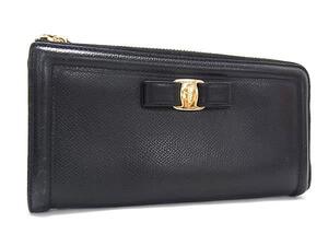 1円 ■美品■ Salvatore Ferragamo フェラガモ ヴァラリボン レザー L字ファスナー 長財布 ウォレット レディース ブラック系 FK2224