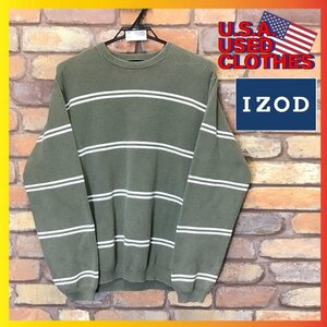 ME7-920★USA買付商品★【IZOD アイゾッド】ボーダー コットンセーター【メンズ M】モスグリーン コットンニット スウェット