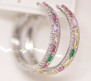 18K RGP プラチナ ダイヤ CZ 直径30mm 彩石 リング ピアス yp5066