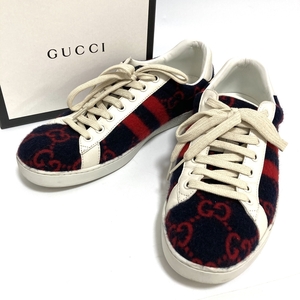 グッチ GUCCI メンズ スニーカー エース GGウール 548695 ネイビー レッド サイズ 7 1/2 25.5cm 中古 かんてい局亀有店10119