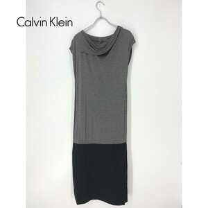 A7686/極美品 春夏 Calvin Klein カルバンクライン レーヨン 切り替え ノースリーブ ロング ミモレ丈 ワンピース 6 M程 灰色/レディース