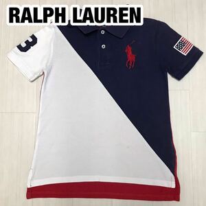 POLO RALPH LAUREN ポロ ラルフローレン 半袖ポロシャツ 7 130/64 レッド×ネイビー×ホワイト ビッグポニー 刺繍 国旗 ワッペン ユース