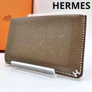 【現行品 鑑定済】HERMES エルメス Hセリエ カードホルダー エトゥープ エバーカラー カードケース メンズ ステッチ Hロゴ フランス製 本革