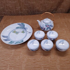 【乃りたけ 茶器揃 大皿】中古品 山辺 染付 急須 蓋付き湯呑み 5客 和食器 陶器 ノリタケ 若宮 【A7-1③】1219