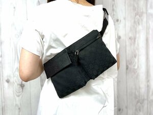 極美品 GUCCI グッチ GGキャンバス ボディバッグ ウエストポーチ バッグ キャンバス×レザー 黒 メンズ 75152Y