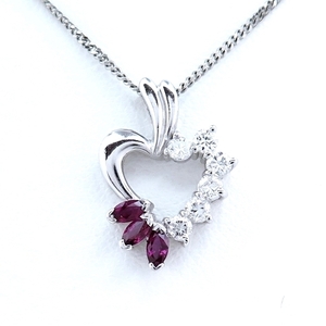 Pt850/Pt900★プラチナ ネックレス ハート ルビー0.308ct 7月 ◇ダイヤ0.350ct 4月 誕生石 チェーン長36cm/39cm【中古】/s20680/10004330