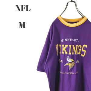 NFL ミネソタバイキングス 半袖Tシャツ フロント刺繍 リブライン パープル メンズ Mサイズ 1円スタート