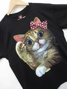 【送料無料】 新品 半袖 Tシャツ ねこ 猫 CAT 三毛猫 招き猫 リボン 黒 Sサイズ ■管理番号L8565