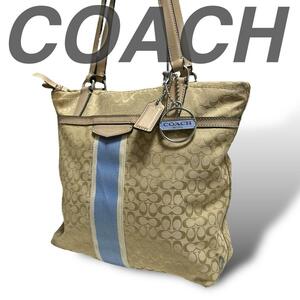 良品 COACH ヘリテージ ストライプ トートバッグ 肩掛け チャーム付き マザーズバッグ ギフト プレゼント 人気 売れ筋 定番 激安 セール