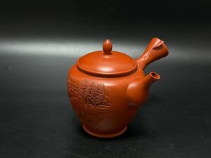 煎茶道具 常滑焼 茶器 急須 茶注 朱泥 芳石刀 勝石 東海道五十三次 川崎 彫刻