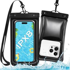 【水に浮くエアタイプ】 スマホ 防水ケース IPX8認定 スマホ 防水ケース お風呂 フック式ストラップ付 両手解放 指紋認証 Face ID認証 黒色