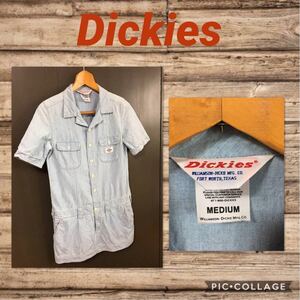 ◆Dickies ディッキーズ 半袖 デニム シャツ ワンピース オールインワン レディースM ライトブルー 美品　送料無料