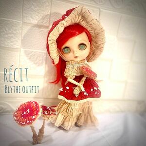 Blythe outfit ブライス アウトフィットと立体刺繍のベニテングダケと小人のアウトフィット　リバーシブル　ボンネット　紅茶染めい