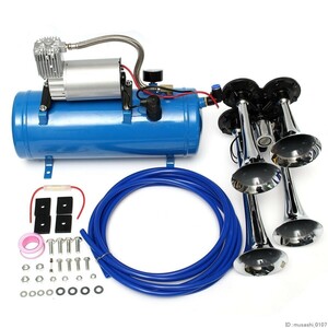 12V 120 PSI 4エアトレインクロームホーントランペットビークルコンプレッサーチューブ uz-546