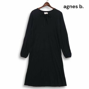 agnes b. アニエスベー 通年 胸元リボン♪ 長袖 カットソー ワンピース Sz.2 レディース 日本製 黒　K4T01691_A#F