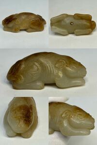 中国古美術 唐物 古玉 玉獣 トラ 中国古玩 時代物 白玉 置物 骨董品 根付 和田玉 寸法6.4×2.9×2.3cm 